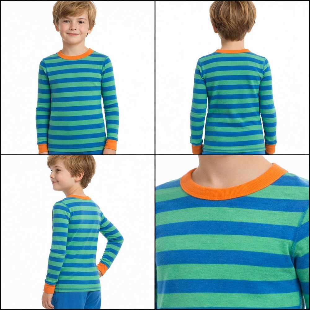 Hanna Andersson Top Pajama Kids 12 Blue Green Striped Long Sleeve Snug Fitting
